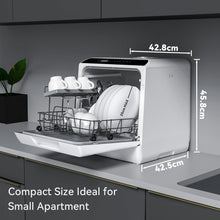 Load image into Gallery viewer, Hermitlux Table Top Dishwasher, Mini Countertop Dishwasher with 4 Place Settings, 5L Built-in Water Tank, 6 Programmes, Touch Control, Baby Care and Fruit Wash, White