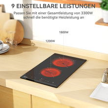 Load image into Gallery viewer, Hermitlux Ceramic Hob 28.8cm, Ceramic Hob 2 Zones with 9 Power Levels, Touch Control &amp; Timer, Child Lock, Suitable for all Pots and Pans, 3300W--HVC2T01
